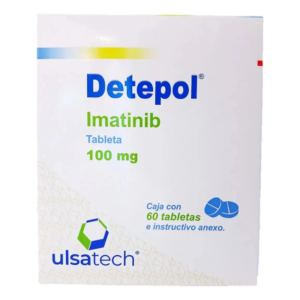 Fotografía del medicamento Detepol Imatinib 100 mg Ulsa Tech en fondo blanco