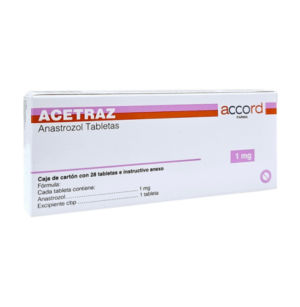Fotografía del medicamento Acetraz Anastrozol 1 mg Accord en fondo blanco