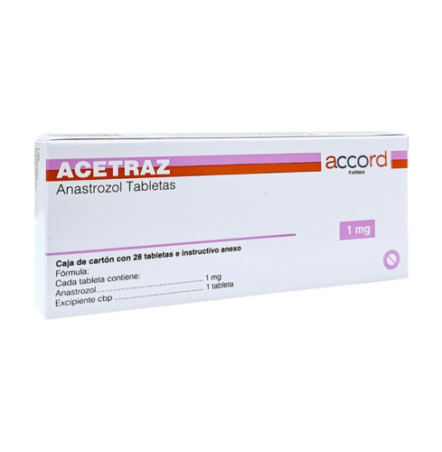 Fotografía del medicamento Acetraz Anastrozol 1 mg Accord en fondo blanco