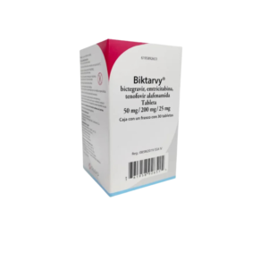 Fotografía del medicamento Biktarvy Bictegravir Emtricitabina Tenofovir Gilead en fondo blanco