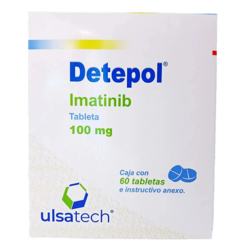 Fotografía del medicamento Detepol Imatinib 400 mg Ulsa Tech en fondo blanco