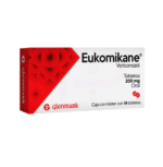 Fotografía del medicamento Eukomikane Voriconazol 200 mg Glenmark en fondo blanco
