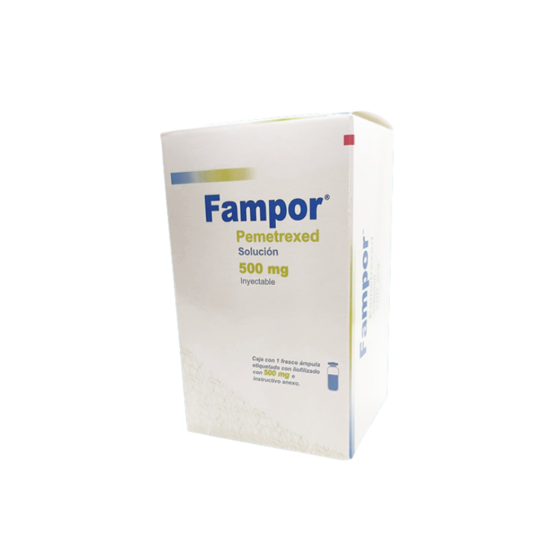 Fotografía del medicamento Fampor Pemetrexed 500 mg UlsaTech en frasco ámpula