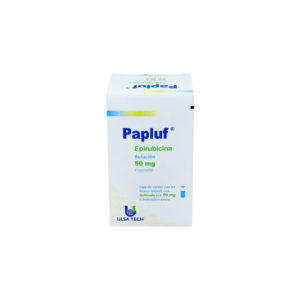Fotografía del medicamento Papluf Epirubicina 50 mg UlsaTech en frasco ámpula refrigerado