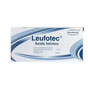 Fotografía del medicamento Ácido Folínico 15mg Leufotec Tecnofarma en fondo blanco