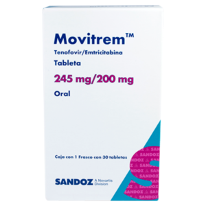 Fotografía del medicamento Movitrem Emtricitabina Tenofovir tabletas en fondo blanco
