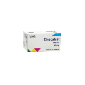 Fotografía del medicamento Cinacalcet 30 mg Camber en caja con 30 tabletas