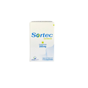 Fotografía del medicamento Sortec Sorafenib 200 mg UlsaTech en frasco con 112 tabletas